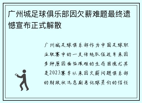 广州城足球俱乐部因欠薪难题最终遗憾宣布正式解散
